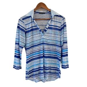 David Cline Striped Polo Top Womens L Preppy V Neck Minimalist Ocean Blue